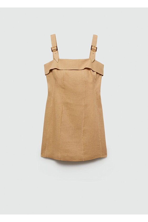 Tokalı Askılı Keten Elbise - 3