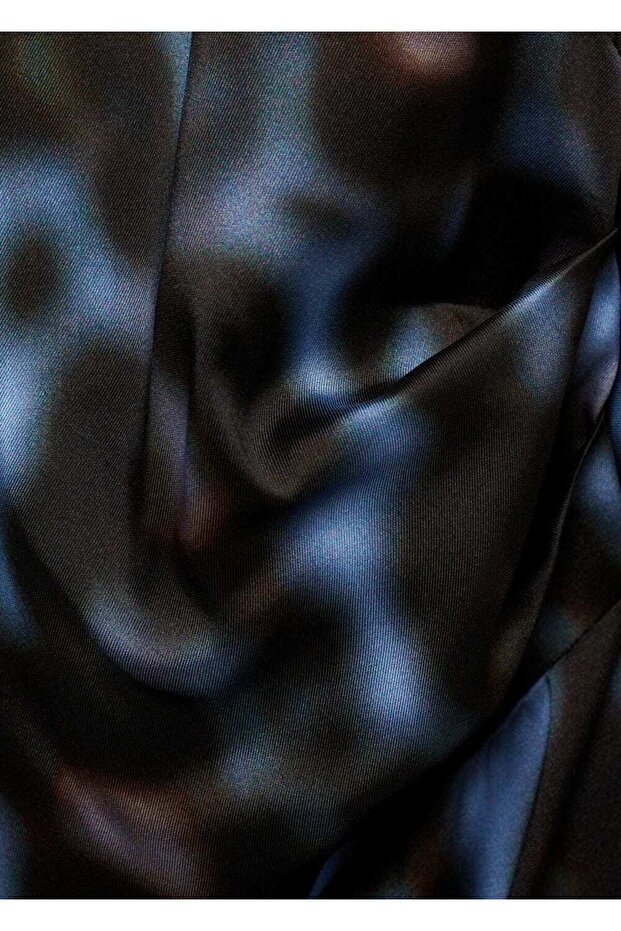 Desenli Drape Saten Elbise - 5