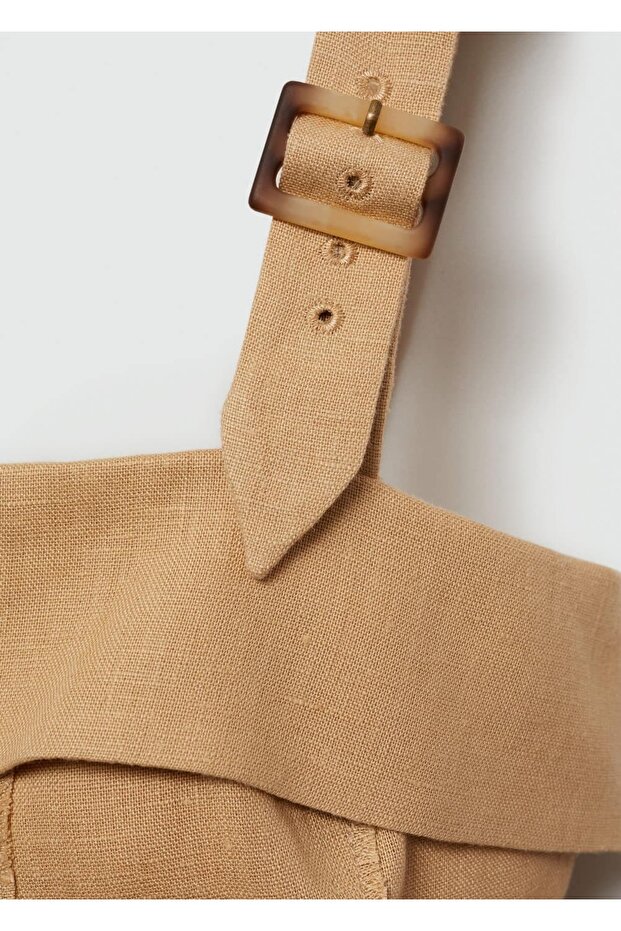 Tokalı Askılı Keten Elbise - 7