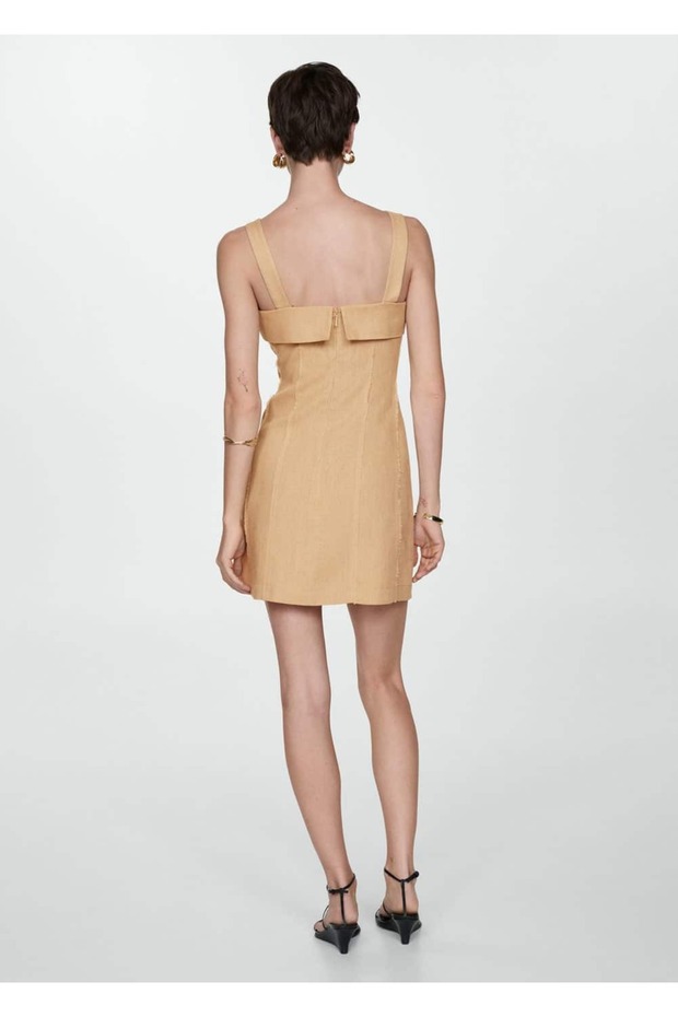 Tokalı Askılı Keten Elbise - 4