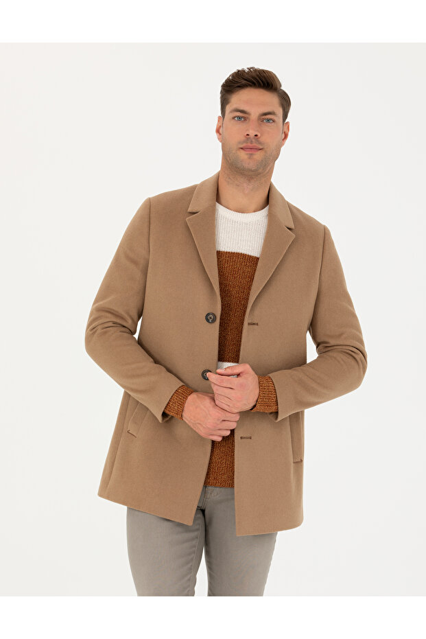Camel Wool Blended Extra Slim Fit Stamp Coat 50270887-Vr015