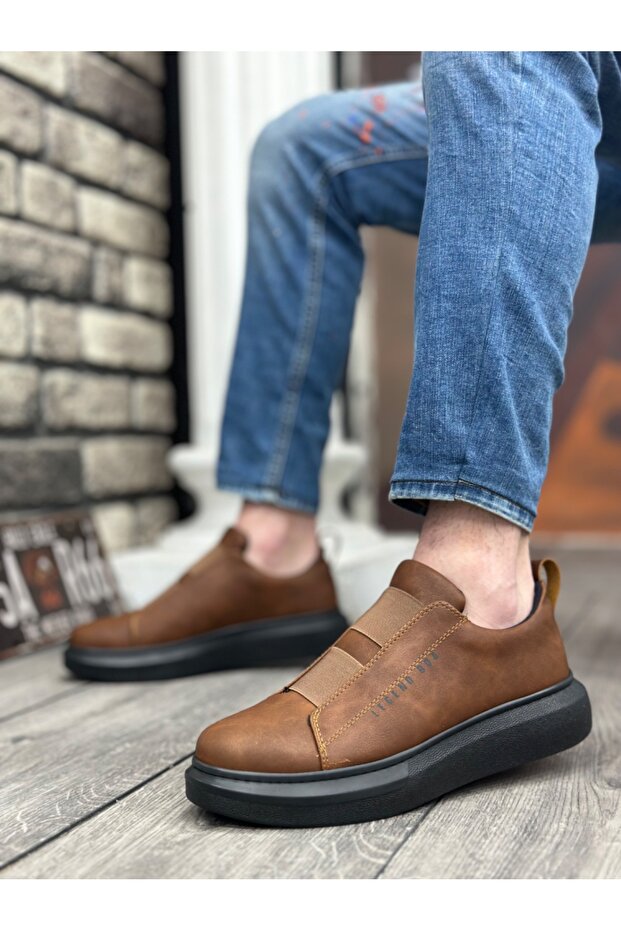 BA0307 BOA Kalın Yüksek Taban Çift Bant Taba Siyah Erkek Ayakkabı - 2