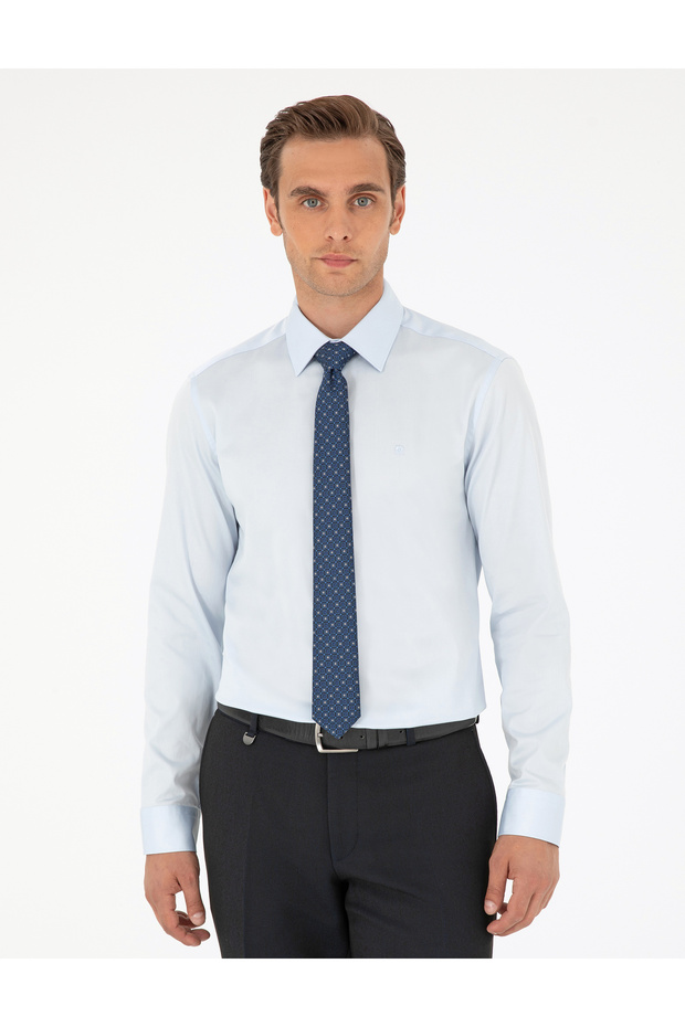 Light Blue 100% Cotton Shiny Satin Slim Fit Long Sleeve Basic Shirt 50292520-Vr003
