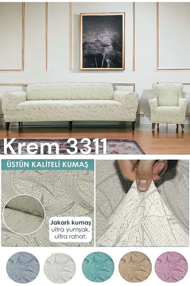 Jakarlı Taş-gri 3311 Lastikli Kanepe Örtüsü | Lastikli Koltuk Örtüsü | Koltuk Kılıfı | Koltuk Örtüsü - 1