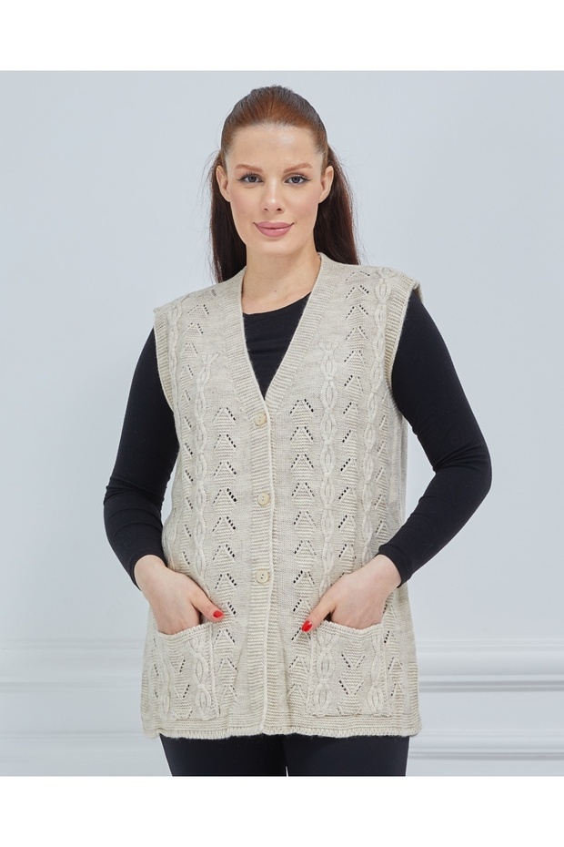 Women's Cream V-Neck Chain Knitted Pocket Wool Mother Knitwear Vest