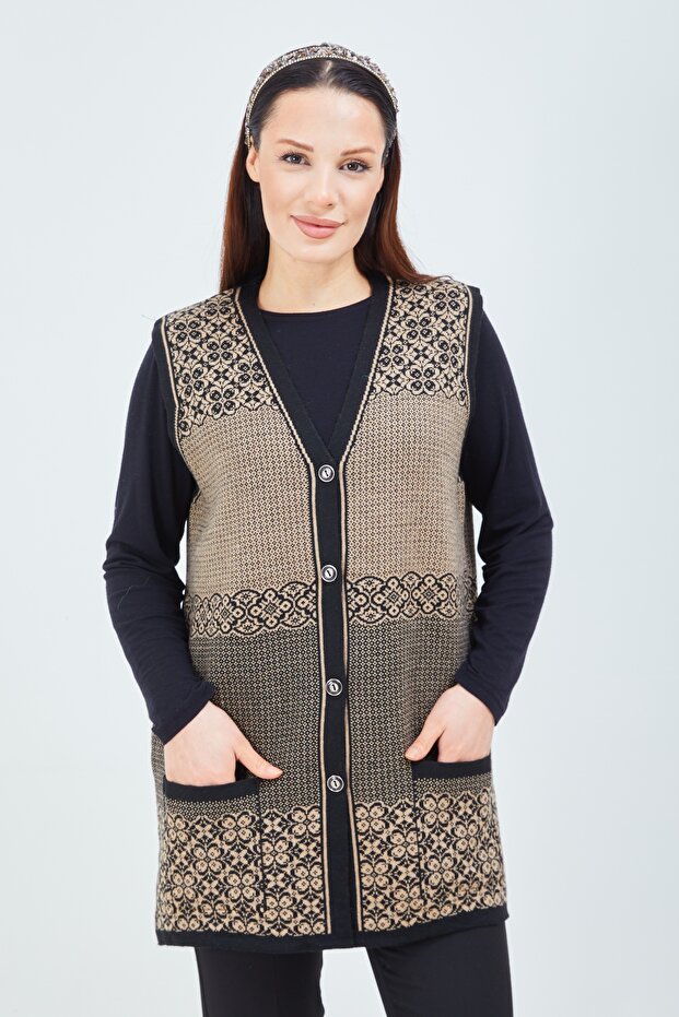 Women's Short Mink Patterned Knitwear Buttoned Pocket Winter Mother Vest