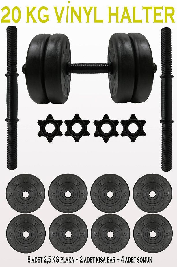 20 Kg Halter Seti Dambıl Seti Vinyl Kaplama Vidalı Bar V2 - 1