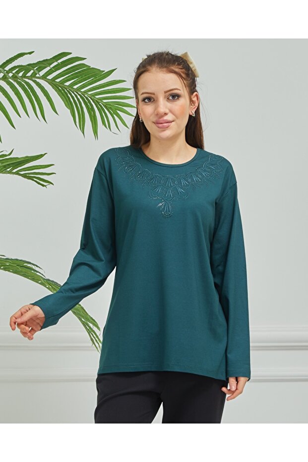 Women's Petrol Embroidered Casual Middle Age Mother Combed Cotton Blouse