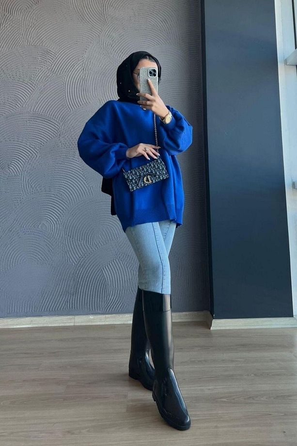 Saks Mavisi Yarım Boğazlı Oversize Triko Kazak - 4