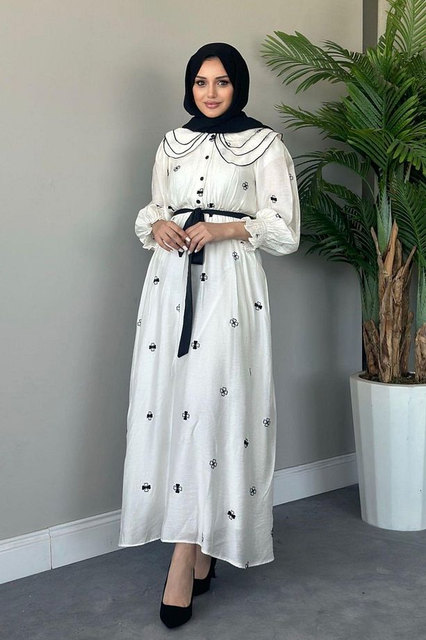 Nakışlı Elbise Ekru - 3