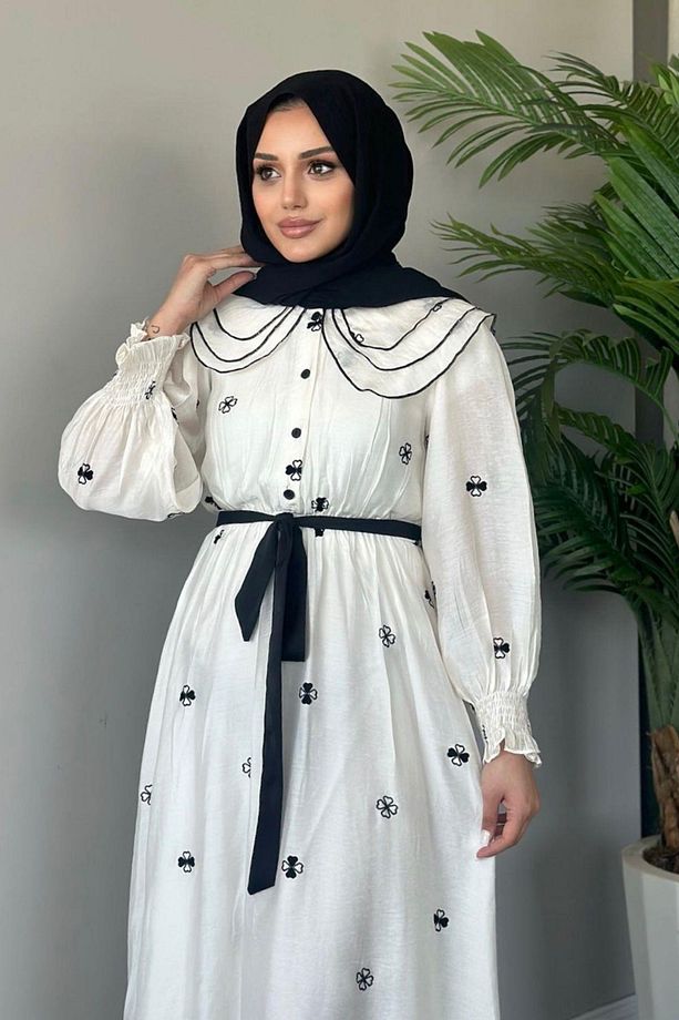 Nakışlı Elbise Ekru - 2