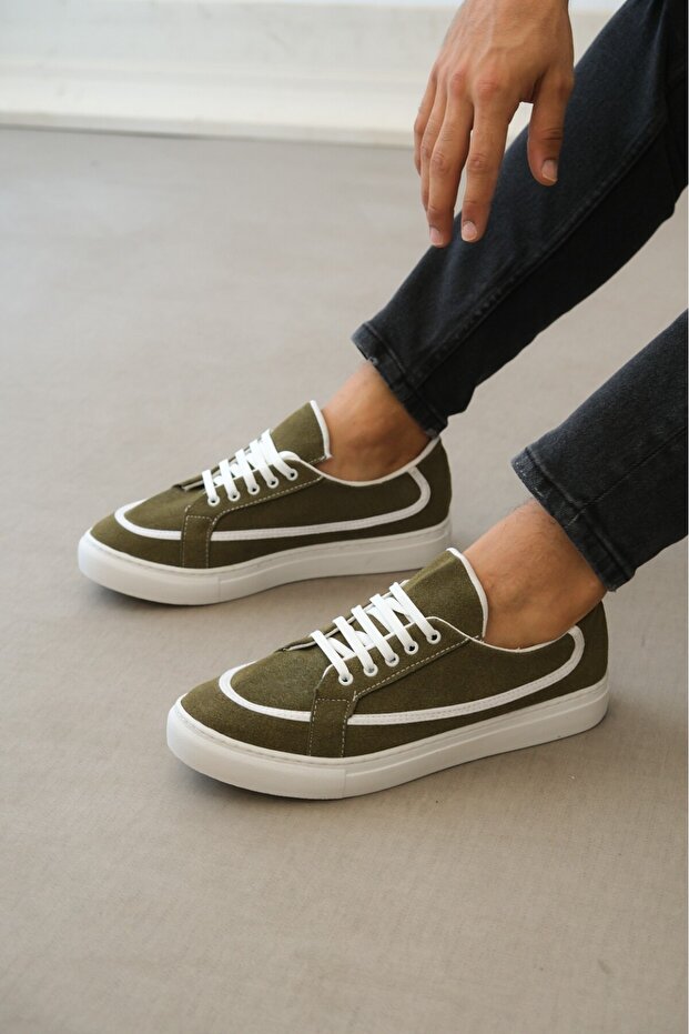 Ba0351 Lace-Up Leather Powder Casual Green Color Sneakers