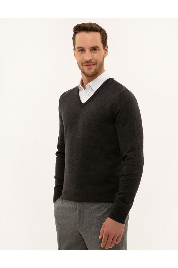 Antrasit Melanj Slim Fit V Yaka Basic Triko Kazak 50229214-vr081 - 3