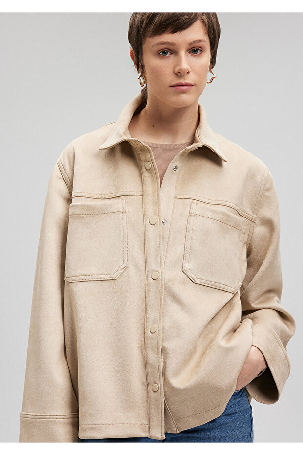 Beige Faux Suede Jacket Loose Fit / Loose Relaxed Fit1110368-86596