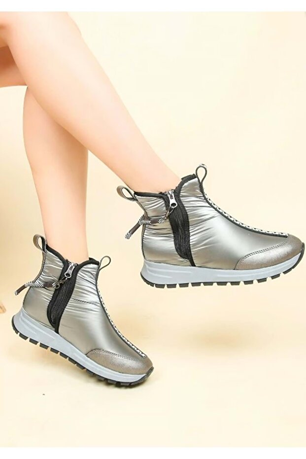 Feles Dalgıç Kumaş Özel Tasarım Fermuarlı Kadın Bot Kar Botu GRİ - 2