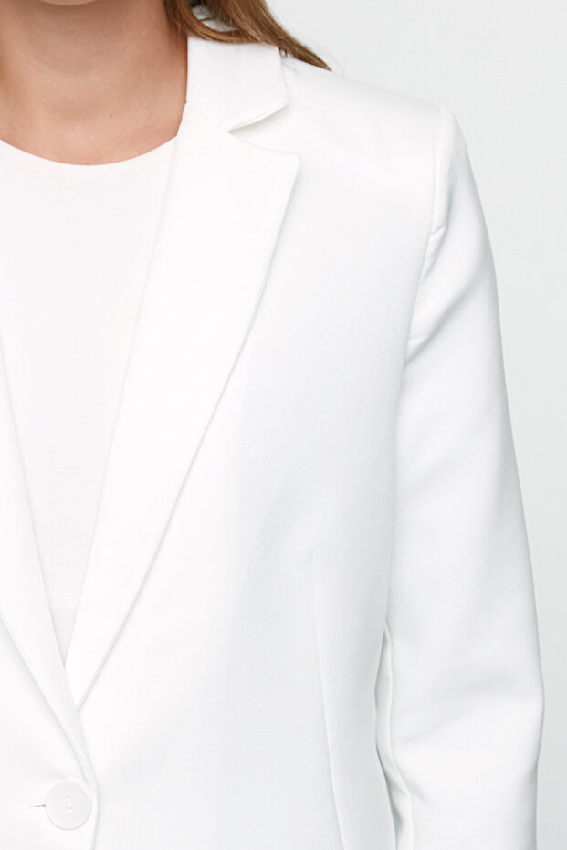 Beyaz Regular Astar Detaylı Dokuma Blazer Ceket TWOAW20CE0316 - 3