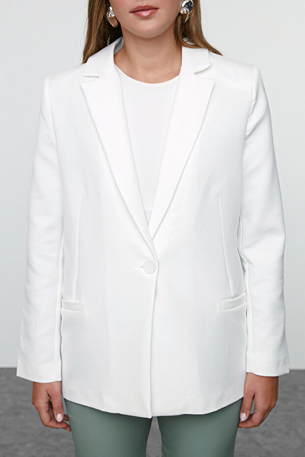 Beyaz Regular Astar Detaylı Dokuma Blazer Ceket TWOAW20CE0316 - 4