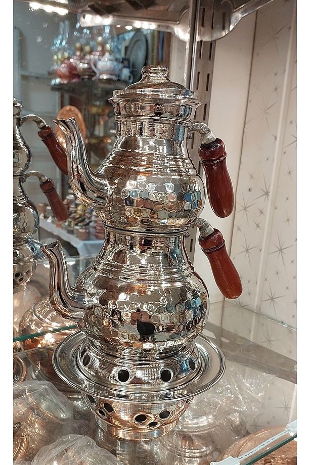 Bakır Çaydanlık Osmanlı Ocaklı 1 No El Dövmesi Dövme Desenli Gümüş Renk Küçük Boy Bakır Demlik - 1