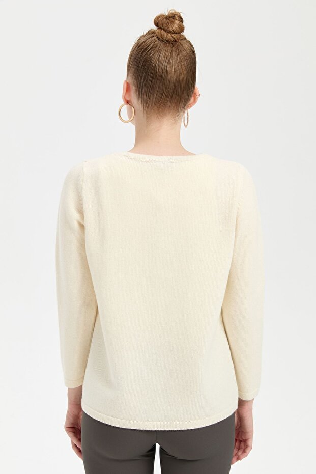 Kadın V Yaka Basic Yün Hırka Kemik - 4