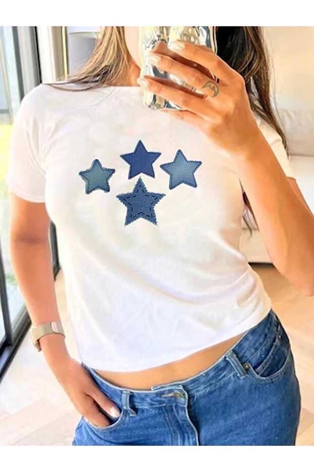 Mavi Star Baskılı Crop Bluz - 2