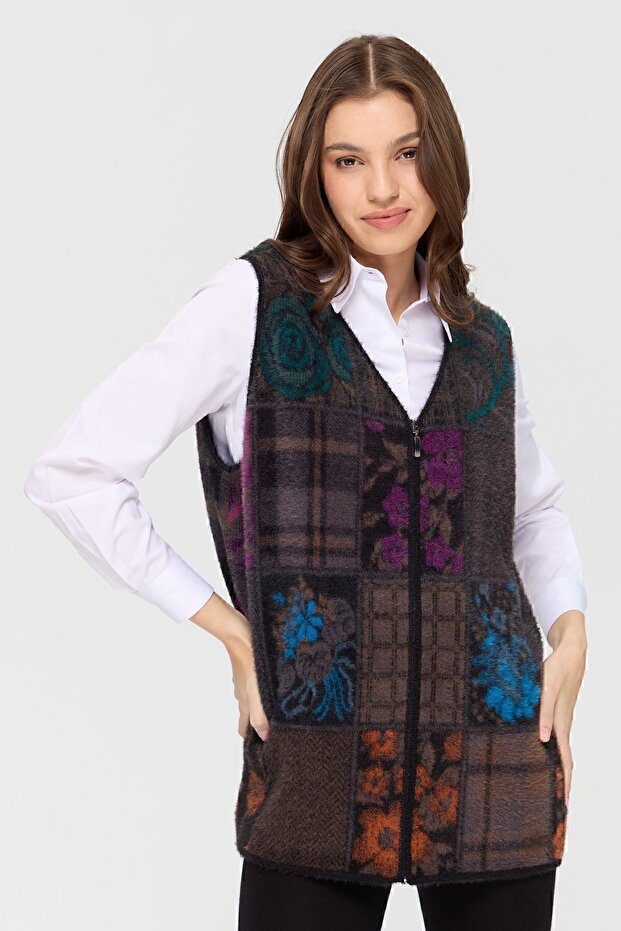 Kadın V Yaka Patchwork Yelek Siyah - 1