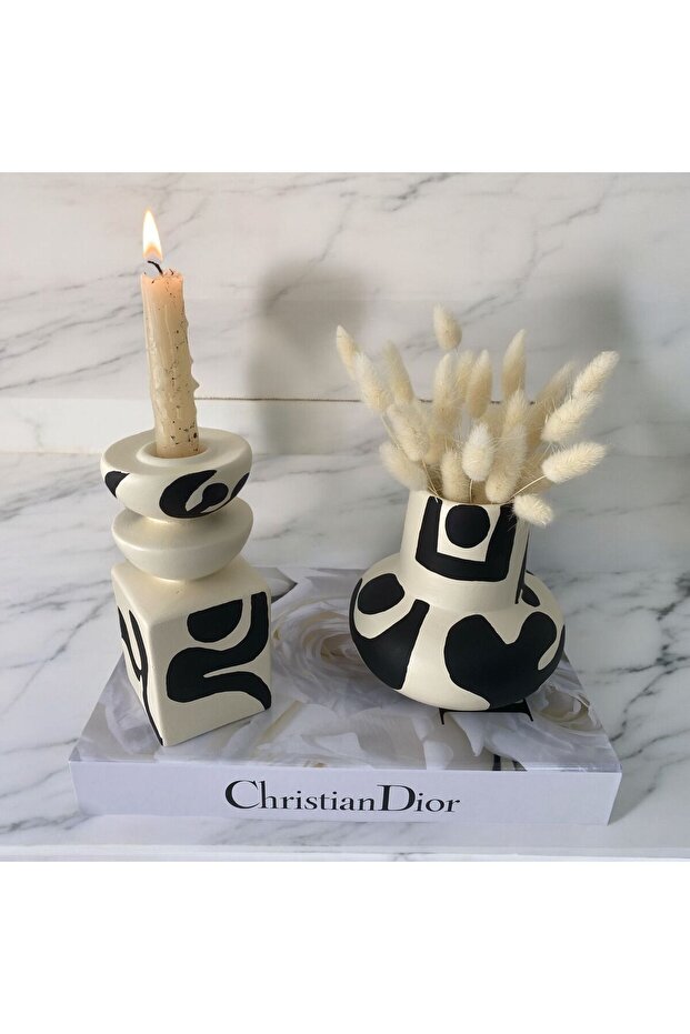 مزهرية مزخرفة بنمط عرقي ومجموعة شمعدان - 4