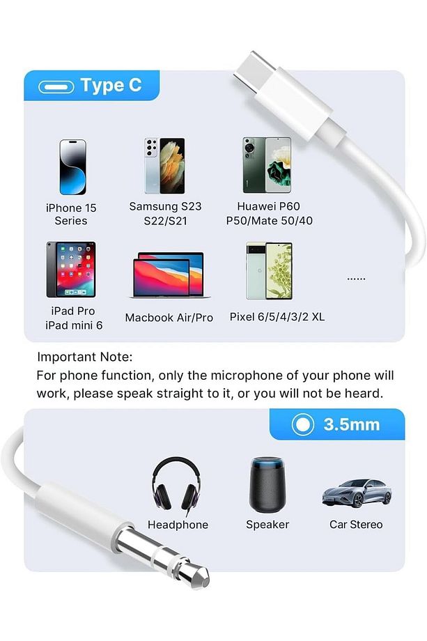 iPhone 15/16 Plus/16 Pro Max Uyumlu Aux Kablosu Type-C To 3.5 mm Jack Çevirici Bluetooth Gerektirmez - 7
