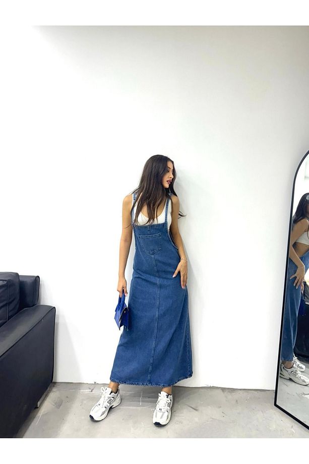 KN Uzun Bahçevan Ön Cepli Askılı Denim Elbise - 2