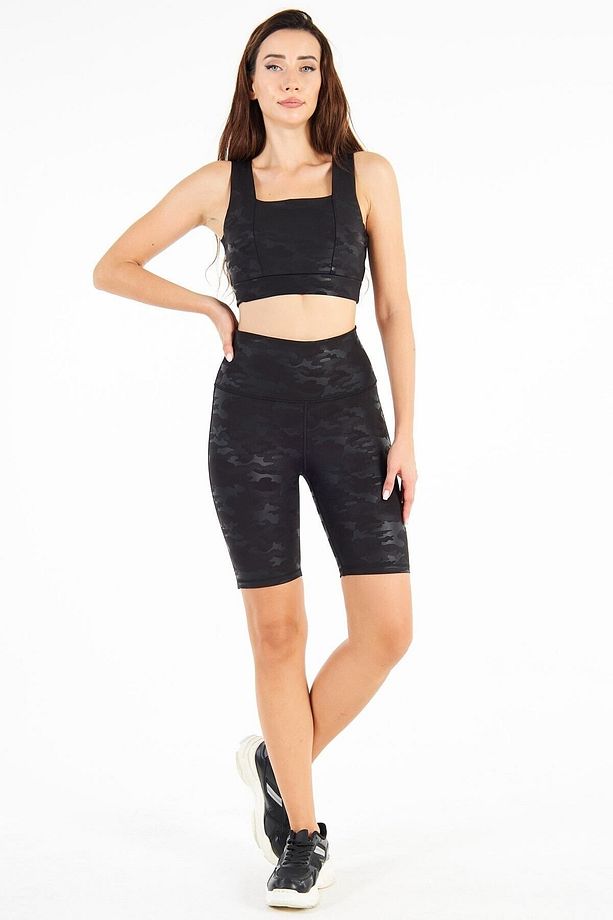 Yüksek Bel Kamuflaj Dalgıç Push Up Toparlayıcı Bisikletçi Biker Şort Spor Tayt Ve Spor Sütyeni Crop - 7