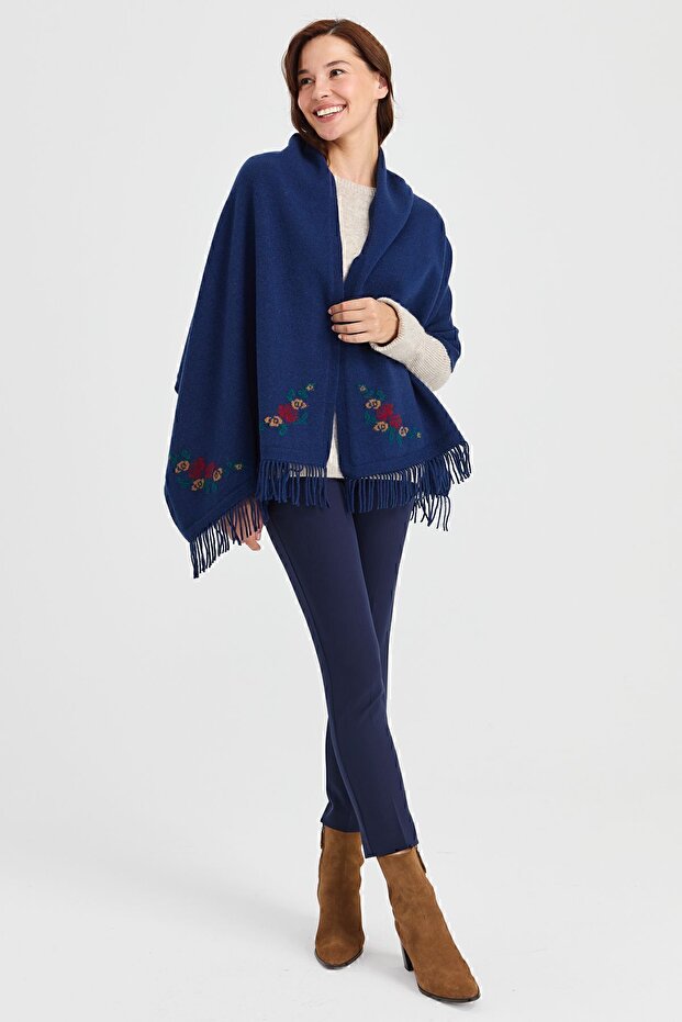 Women's Knitwear Floral Edge Wool Shawl Indigo