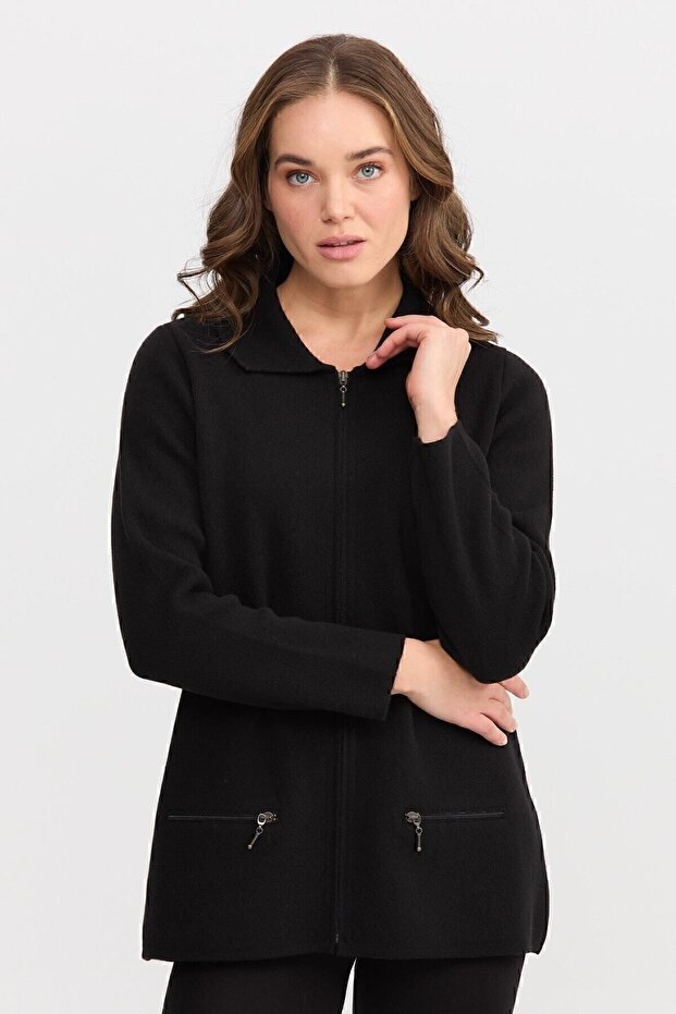 Women's Polo Collar Pocket Zippered Wool Cardigan Black