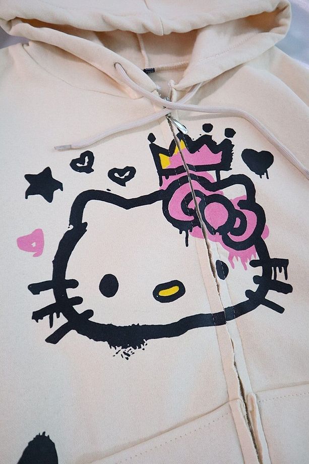 Hello Kitty Kışlık Hırka - Bej  Baskılı Oversize Şardonlu Kapüşonlu - 2