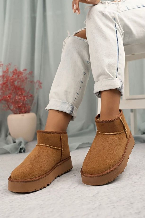 Bot & Bootie Ultra Mini Süet Taba Tarçın Bot Içi Tüylü / Kürklü Kadın Ayakkabı Bot - 3