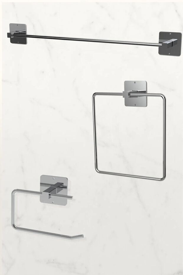 Silver Chrome Adhesive Long Towel Holder - Wc Toilet and Kitchen Set of 3
