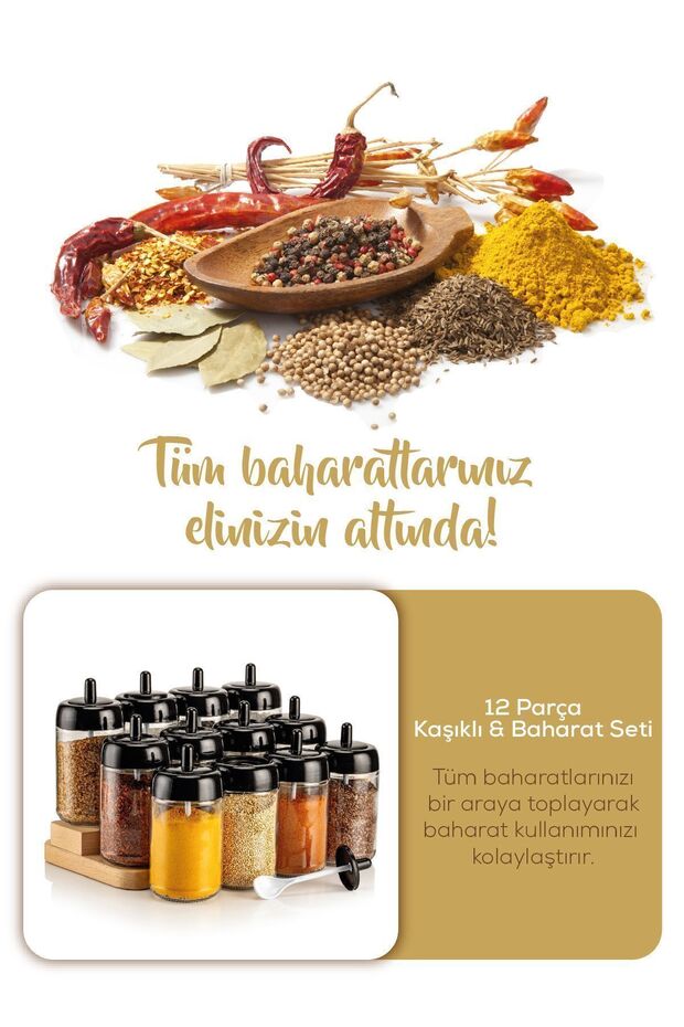 طقم توابل طويل مكون من 12 قطعة - زجاج مع ملصق طباعة الشاشة وملعقة - 2