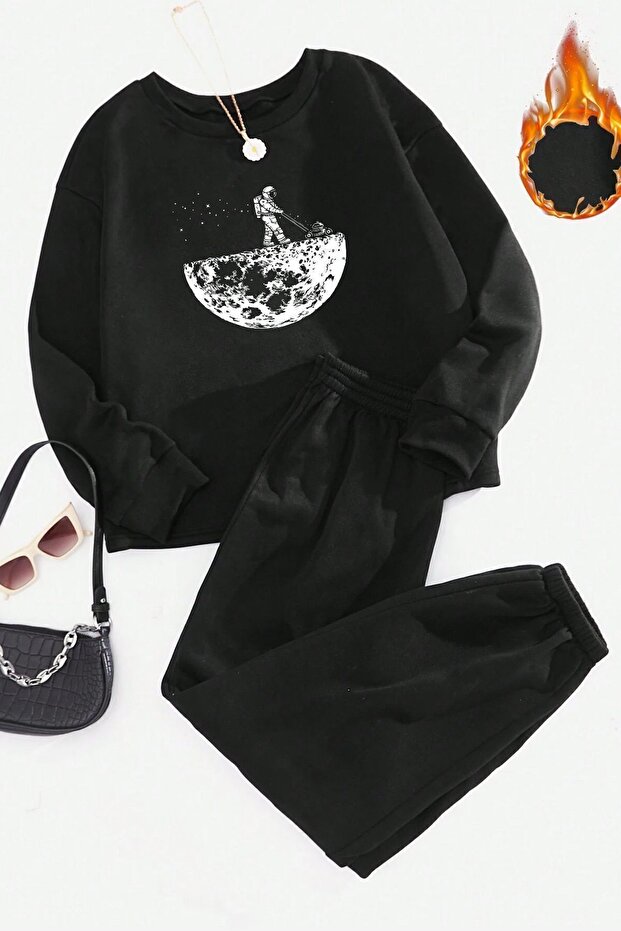 Unisex Space Themed Printed Crew Neck Sweatshirt - 2-Piece Tracksuit Set