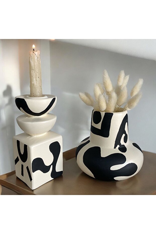 مزهرية مزخرفة بنمط عرقي ومجموعة شمعدان - 1