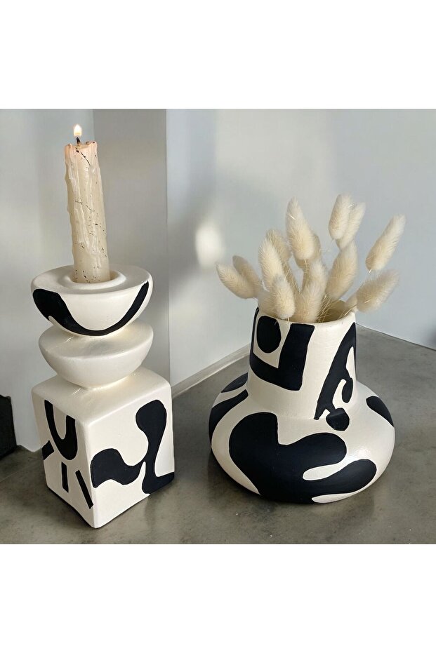 مزهرية مزخرفة بنمط عرقي ومجموعة شمعدان - 2