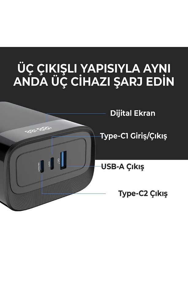 Pb140w 30000mah Usb Ve 2*type-c Pd 140w Üç Çıkışlı Dijital Ekranlı Powerbank Siyah - 4