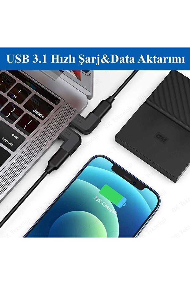 90 Derece L Tip Sağ ve Sol Açılı USB C Type-C Erkek - Dişi Adaptör - 3