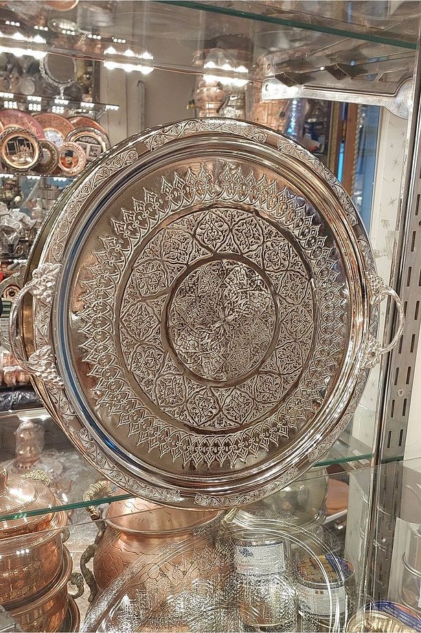 Bakır Tepsi & Bakır Sunum Tepsisi 35 cm Bakır Osmanlı Ağır El Işlemeli Tepsi Kına Tepsisi - 5