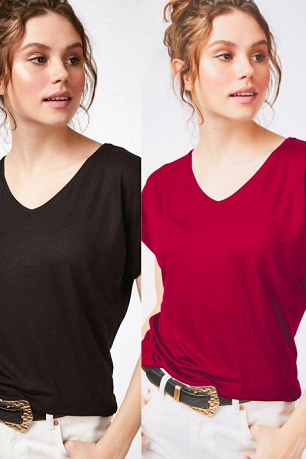 Kadın Siyah-Bordo 2'li Paket Basic Örme T-Shirt - 1