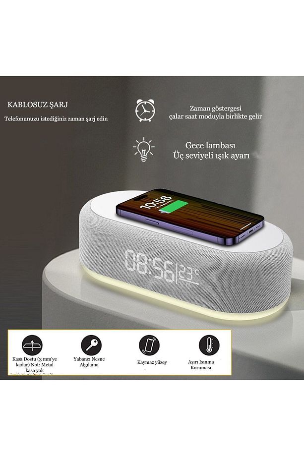 Çok fonksiyonlu Masa ve Gece Lambası  Hızlı Kablosuz Şarj Çalar Saat Zaman LED Işık Termometre - 3