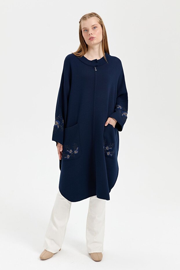 Women's Stand Collar Poncho with Embroidered Sleeves and Pockets, Navy Blue