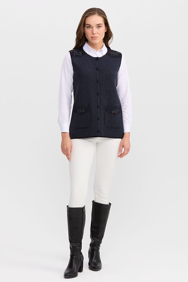 Women's Crew Neck Shoulder Pocket Cover Felt Embroidered Buttoned Vest Dark Blue