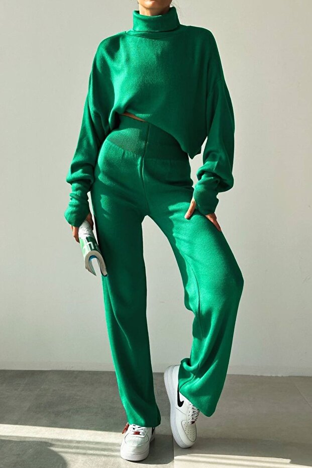 Crop Hand-Interwoven Turtleneck Sweater and High-Waisted Knit Pants Bottom Top Green Knitwear Set 015