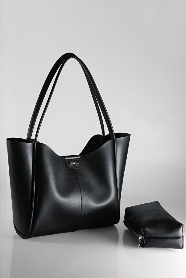 Women's Black Large Makeup Bag Hand and Shoulder Bag