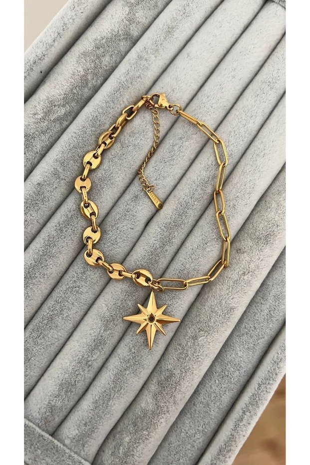 Steel Gold Button and North Star Detailed Anklet