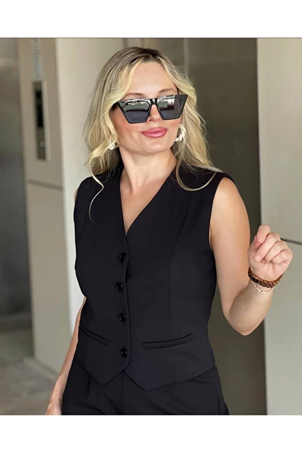 Women's Black Crepe Fabric Masculine Lined Vest Slim Fit