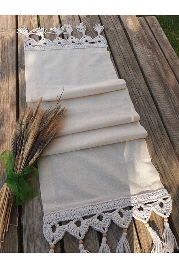 Hand Knitted Macrame Linen Fabric Runner 35x150 (Color BEIGE)